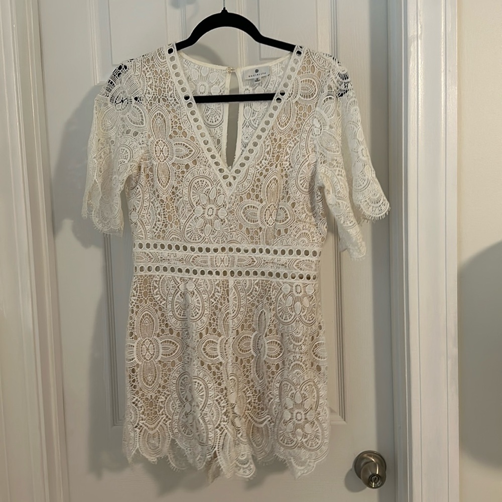 Socialite White Ivory Lace Romper with tan lining - Medium